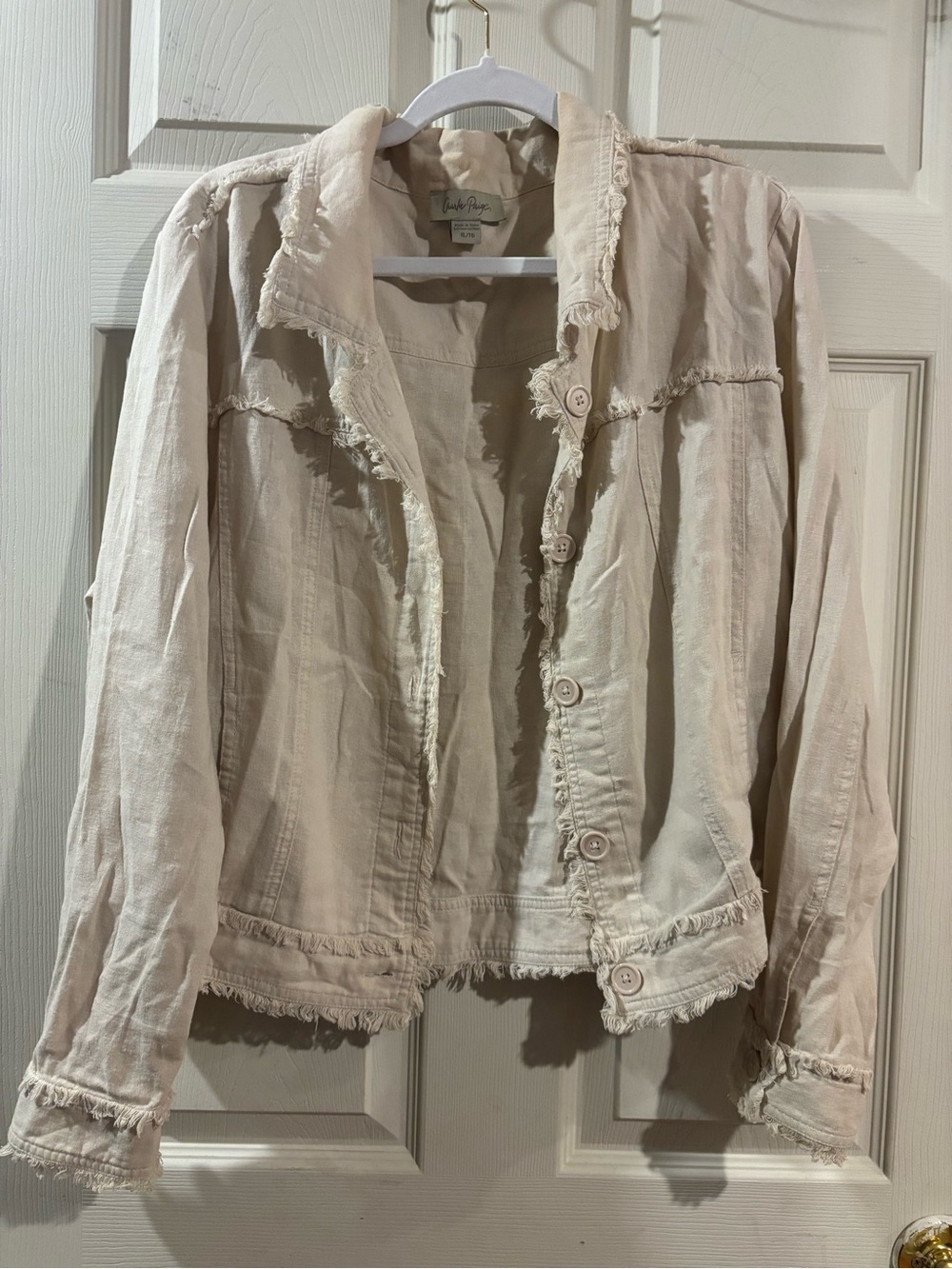 Cream Frayed-Trim Button Front Jean Jacket